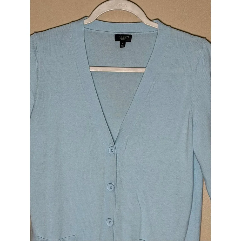 Talbots Light Blue V-Neck Cardigan Sweater Medium Petite Button Front Pockets